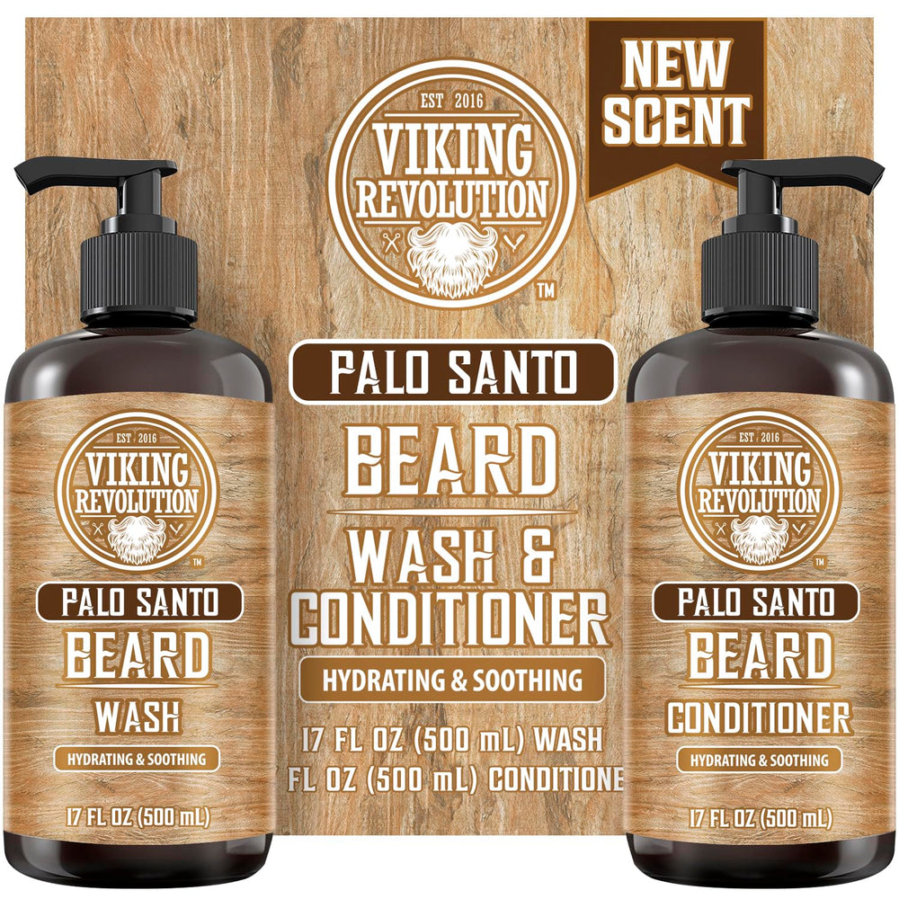 Viking Revolution Palo Santo beard wash bottle showing cleansing formula for a healthy beard.