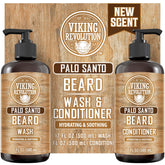 Viking Revolution Palo Santo beard wash bottle showing cleansing formula for a healthy beard.
