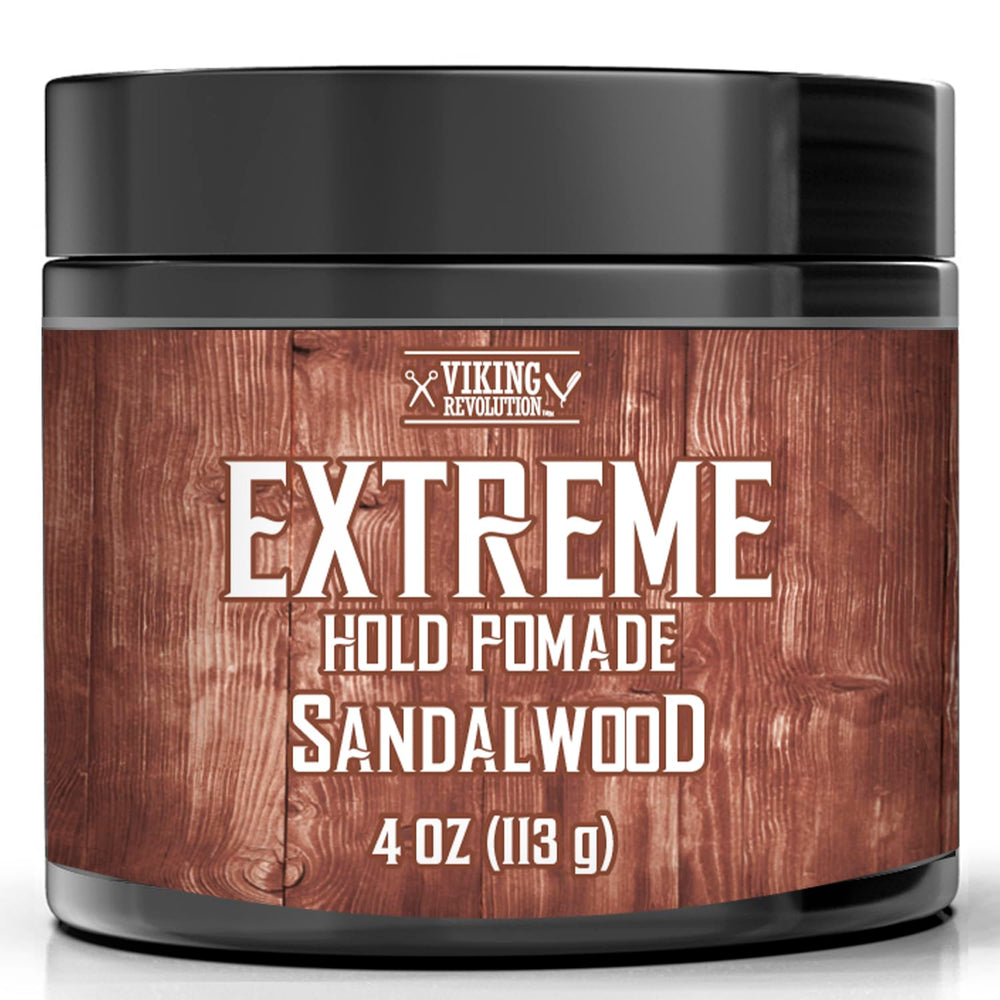 Viking Revolution pomada sandalwood: botella visible para fijación extrema y brillo sostenido.