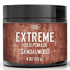Viking Revolution pomada sandalwood: botella visible para fijación extrema y brillo sostenido.