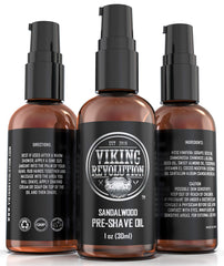 Packaging of Viking Revolution pre-shave oil highlighting natural ingredients