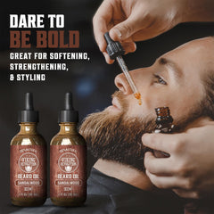 Viking Revolution sandalwood beard oil being applied for moisturized skin and reduced itch.