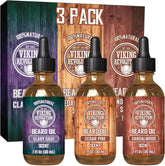 Viking Revolution sandalwood beard oil bottle for conditioning and shine.