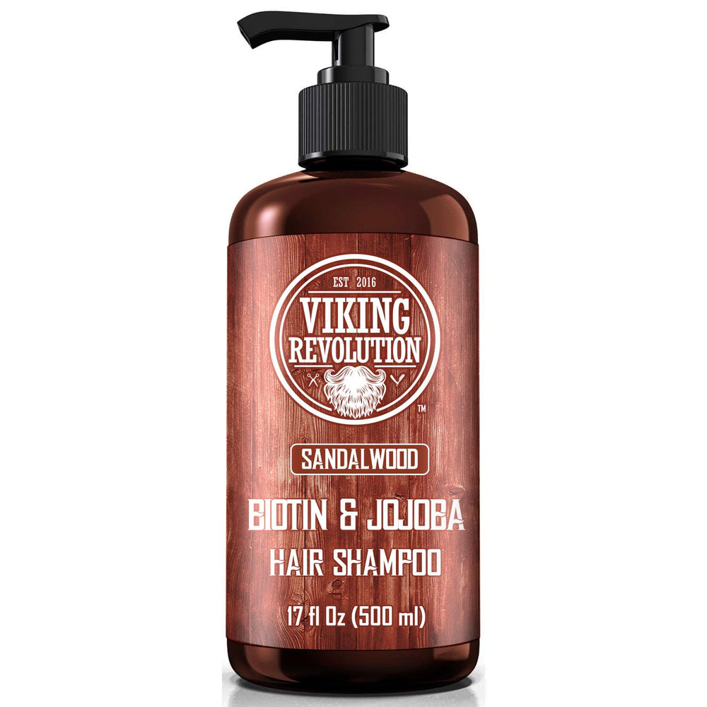 Viking Revolution sandalwood shampoo bottle shows premium packaging and masculine scent.