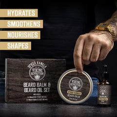 Close-up of Viking Revolution kit featuring oil and balm textures