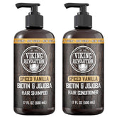 Viking Revolution Spiced Vanilla shampoo bottle showing refreshing scent and cleansing action.
