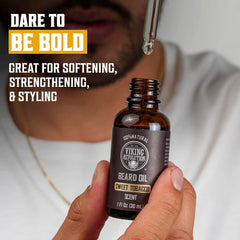 Close-up of Viking Revolution beard oil bottle highlighting packaging and aroma.