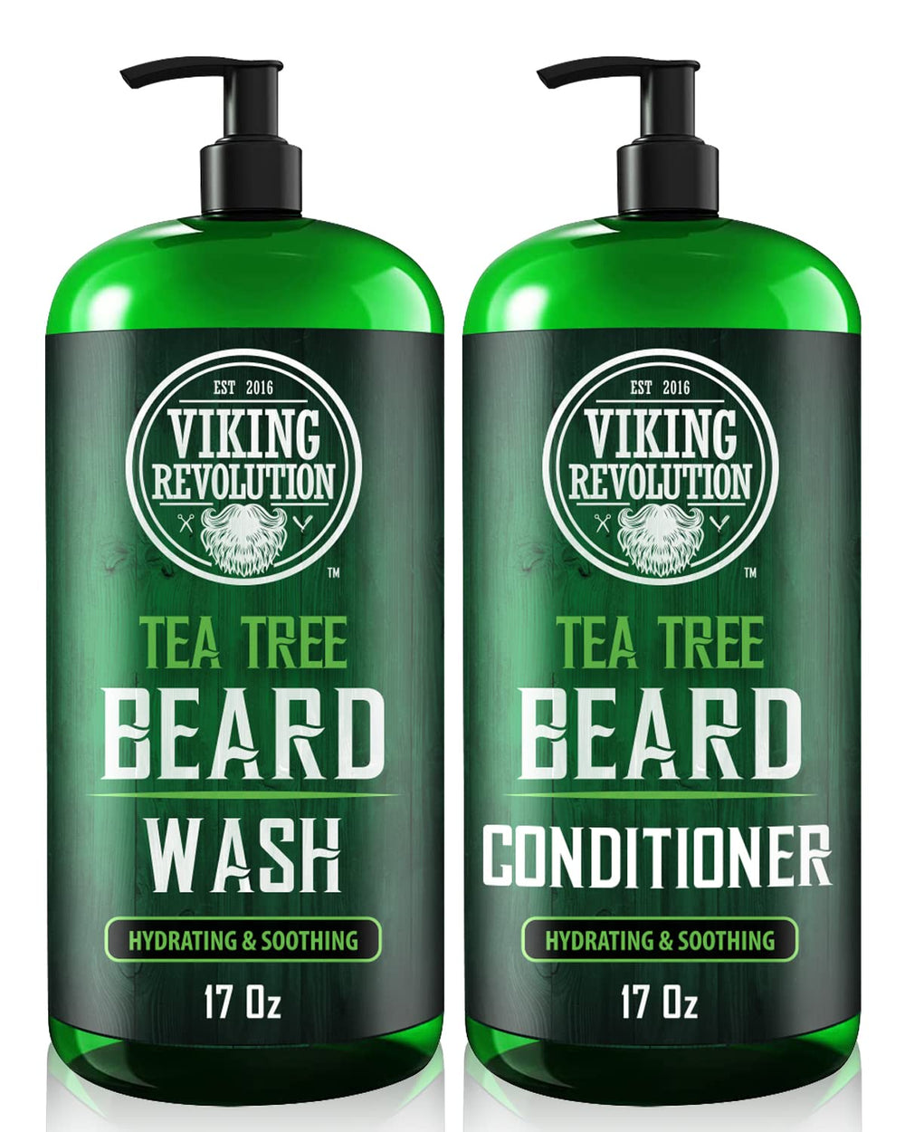 Viking Revolution Tea Tree Beard Wash bottle showing cleansing action and refreshing scent.