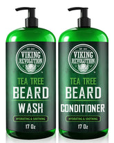 Viking Revolution Tea Tree Beard Wash bottle showing cleansing action and refreshing scent.