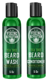 Viking Revolution Tea Tree Beard Wash bottle demonstrates cleansing action for clean, refreshed skin.