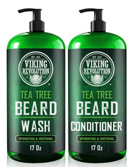Viking Revolution Tea Tree Beard Wash bottle showing cleansing action and refreshing scent.