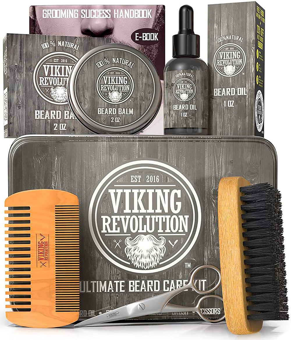 Viking Revolution ultimate beard kit packaging showing all included tools for gifting.