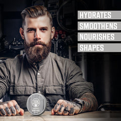 Viking Revolution unscented beard balm ingredients panel highlighting argan oil and jojoba nourishment.
