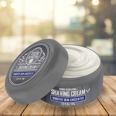 Viking Revolution unscented shaving cream bottle on shelf for sensitive skin