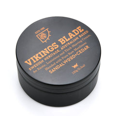Vikings Blade luxury shaving cream tub with rich lather for a smooth shave.