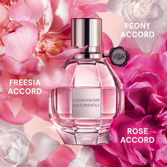 Viktor&Rolf Flowerbomb bouquet front reveals lush florals for a feminine vibe.