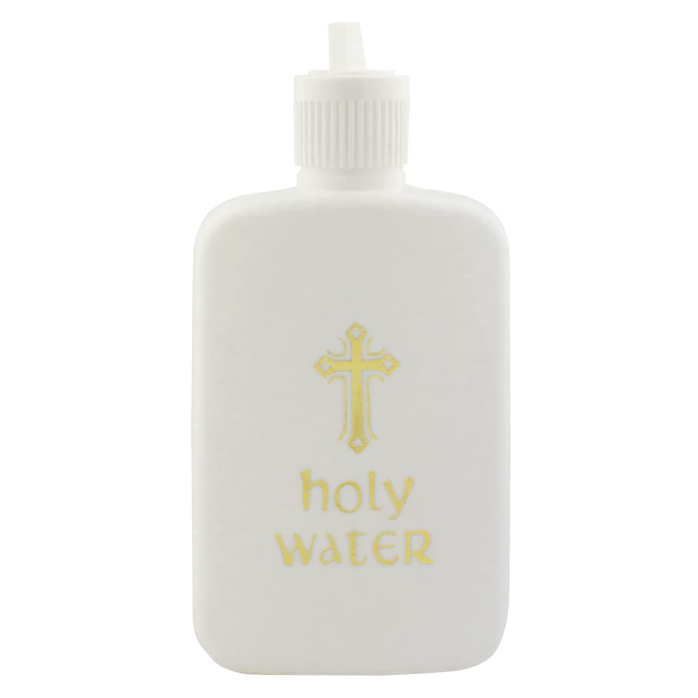 Village Gift Importers white holy water bottle with cross, ideal for home or church use