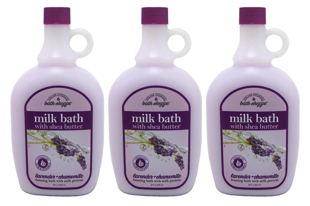 Village Naturals Therapy Ultra-Moist Lavender Chamomile Milk Bath bottle aids hydration and relaxation.