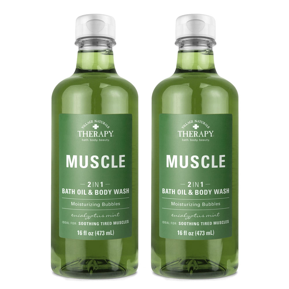 Village Naturals Therapy botella verde con aceite de baño espumoso para músculos