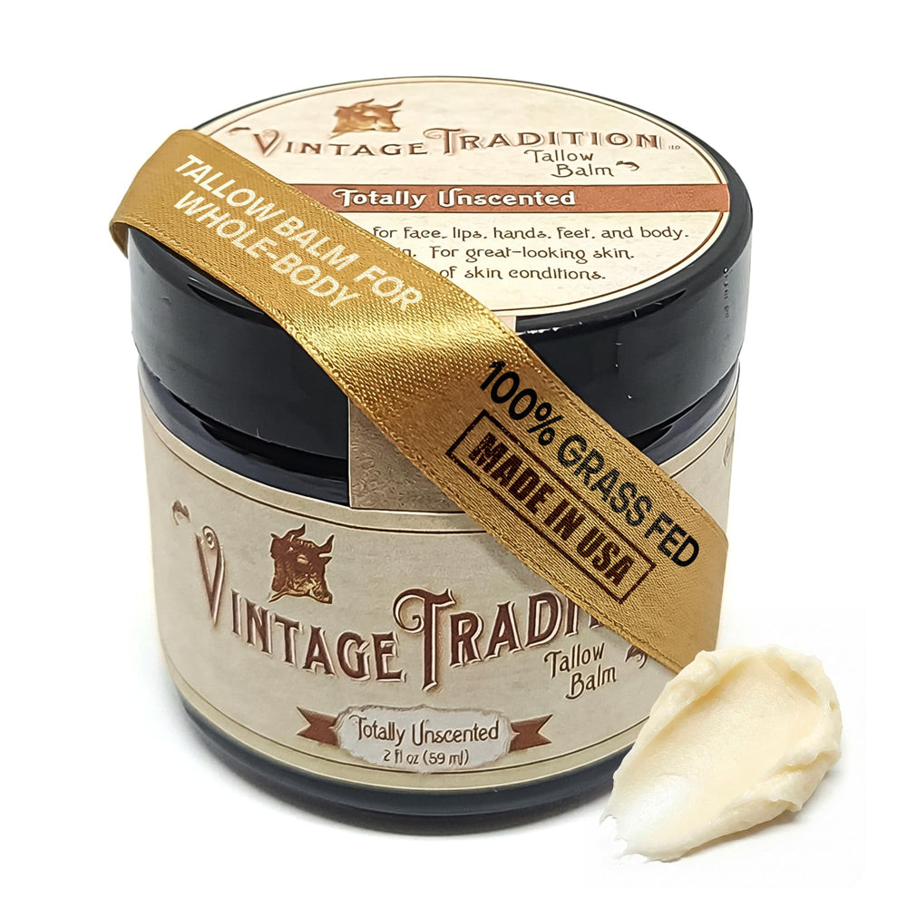 Vintage Tradition Beef Tallow Balm jar closeup highlighting unscented formula for versatile skin care.