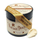Vintage Tradition Beef Tallow Balm jar closeup highlighting unscented formula for versatile skin care.