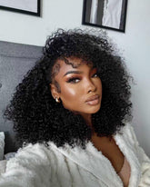 Virginess kinky curly half wig cap closeup showing natural hairline and secure fit.