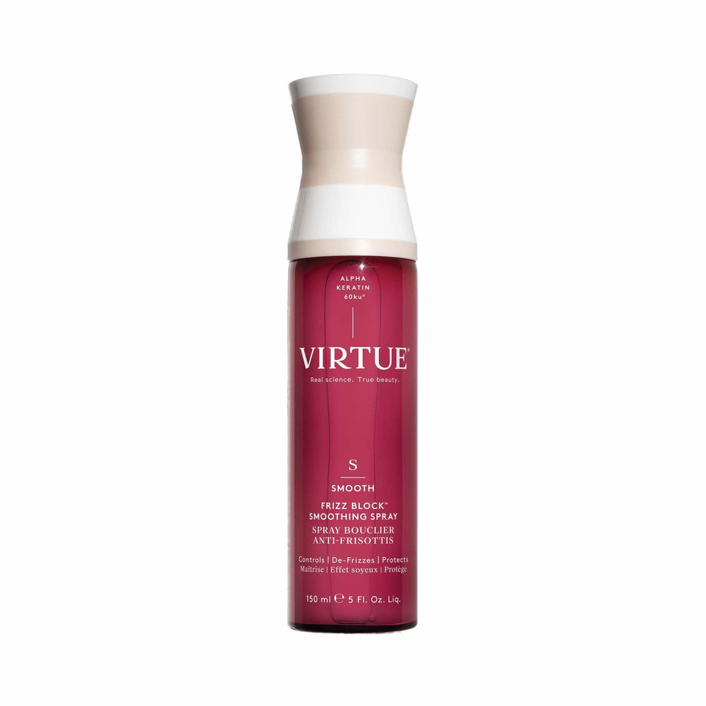VIRTUE Frizz Block smoothing spray bottle for styling and frizz control.