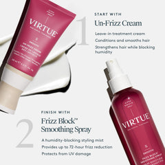 VIRTUE Frizz Block smoothing spray shields hair from humidity for lasting style.