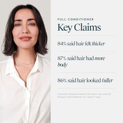 VIRTUE Full Volume Conditioner bottle side highlights color-safe, scalp-friendly properties.