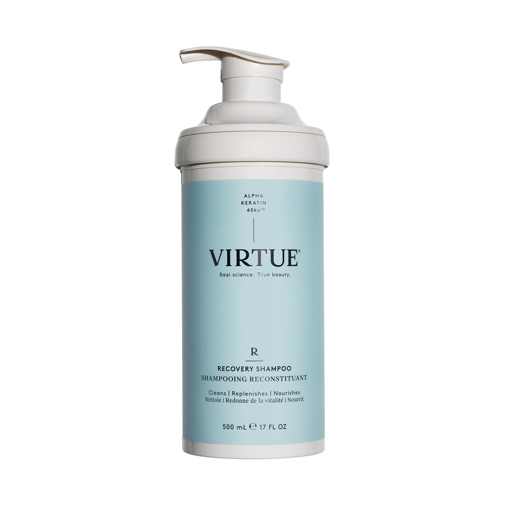 VIRTUE Recovery Shampoo bottle highlights Alpha Keratin 60ku for stronger hair bonds.