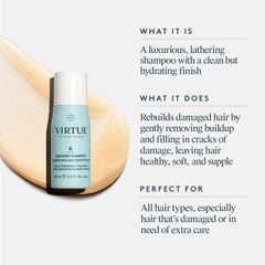 Detalle de la espuma cremosa de VIRTUE Recovery Shampoo para lavado suave.