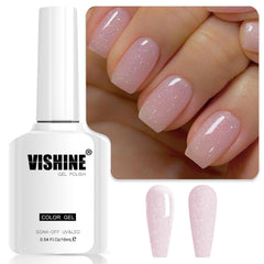 Vishine Esmalte gel nude con brillo iridiscente para un acabado elegante.