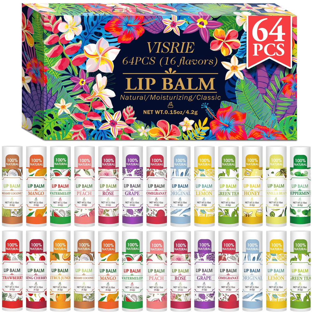 VISRIE 64-pack lip balm collection with diverse flavors for daily hydration