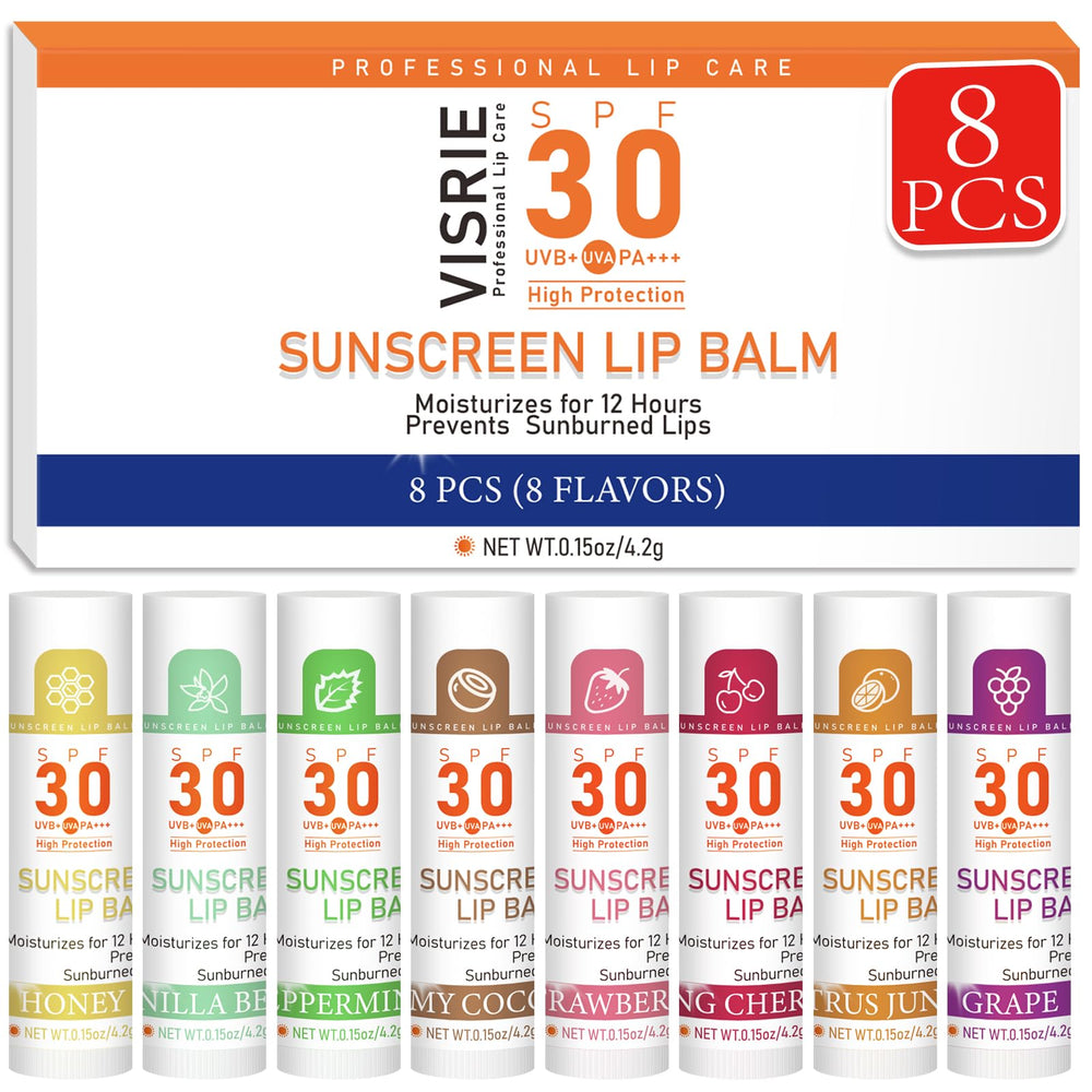 VISRIE SPF 30 lip balm packaging highlights portable sun protection for lips.