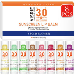 VISRIE SPF 30 lip balm packaging highlights portable sun protection for lips.