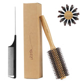 Vista round brush with bamboo handle and pin tail comb used for smooth blow-drying