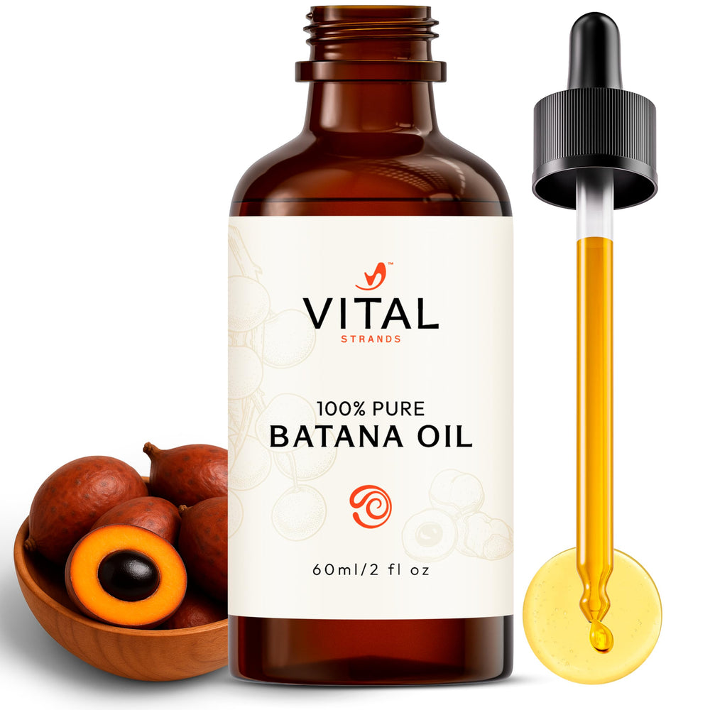 Vital Strands Batana Oil bottle pour quick absorbs on scalp and hair nourishment