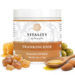 Vitality Frankincense Balm jar 6oz on desk showing deep hydration for dry skin