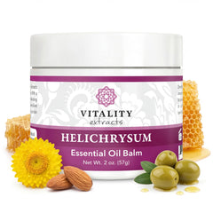 Vitality Helichrysum Balm jar shows ultra-moisturizing formula for full-body hydration.