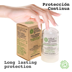 Vital Green aplicación desodorante cristal, axilas limpias y confort diario.