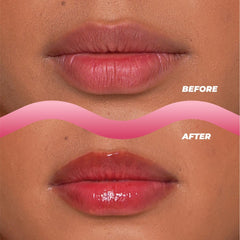 Close-up shows the balm texture swirled with strawberry cream.