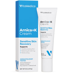 VitaMedica Arnica and Vitamin K bruise cream on the face suggests post-treatment color balance.