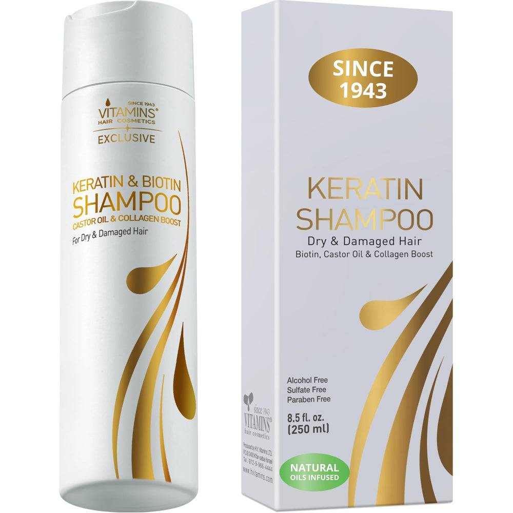 Champú Keratina sin sulfatos de VITAMINS, botella lista para lavado profesional.