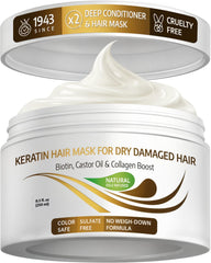 VITAMINS hair cosmetics Keratin Hair Mask bottle close-up for protein repair at home.