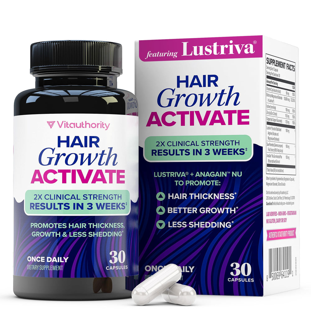 Vitauthority Lustriva bottle front for daily hair growth support.