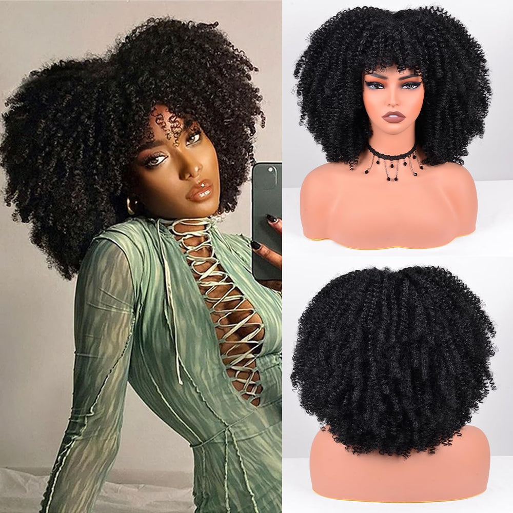 Vitorish Afro Curly Wig with Bangs close-up shows natural texture for daily wear.
