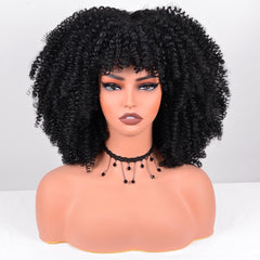 Vitorish Afro Curly Wig 12in bangs side view highlights versatile styling.