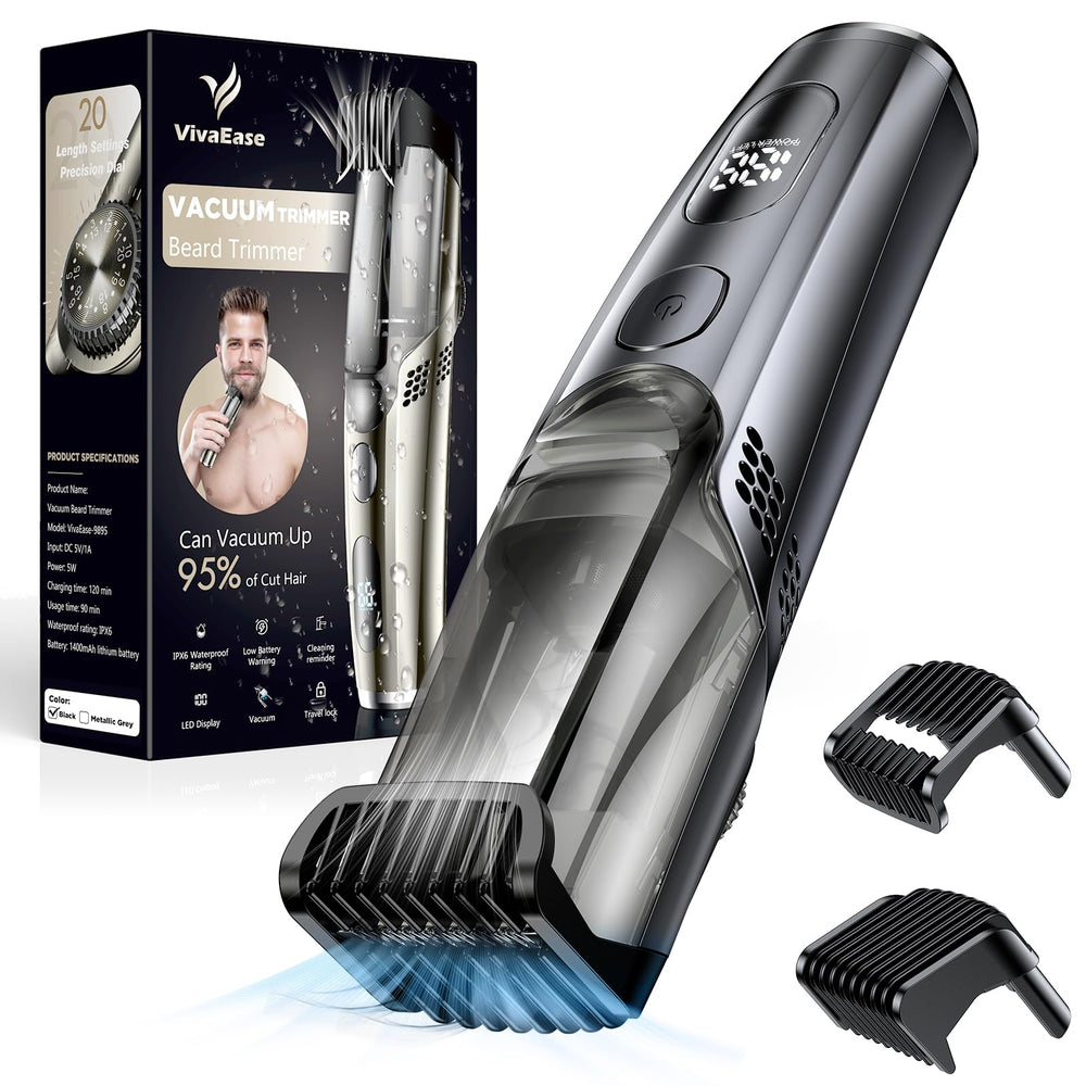 VivaEase vacuum beard trimmer front view for mess-free grooming and precision