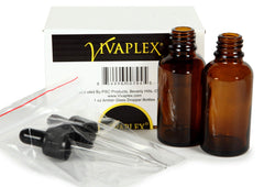 Vivaplex glass eye-dropper bottle closeup, premium UV protection for essential oils.