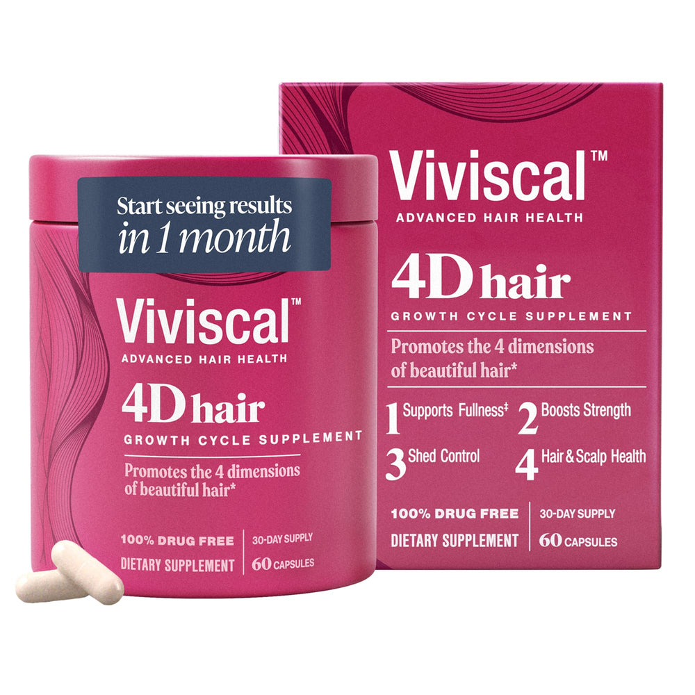 Viviscal 4D hair supplement bottle front showing the product and promise of fuller strands